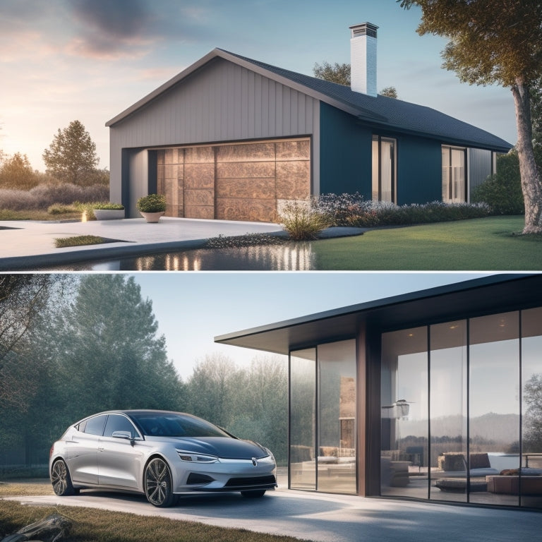 An illustration of a sleek, electric vehicle parked in front of a modern, eco-friendly home with thermal-bridged windows, showcasing a split-screen comparison of heat escaping vs. being retained.