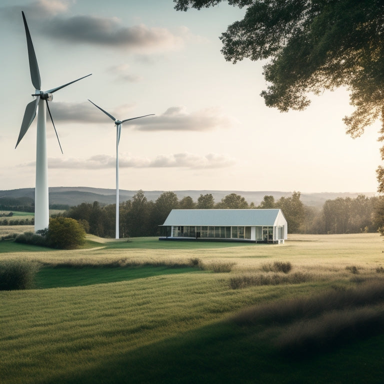 A serene rural landscape with a wind turbine spinning in the distance, surrounded by lush greenery, with a modern home in the foreground, featuring a sleek battery bank and inverter system on the exterior wall.