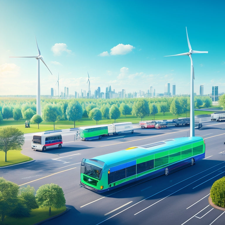 An illustration of a cityscape with a mix of electric vehicles, buses, and trucks in various shades of green, surrounded by wind turbines, solar panels, and lush greenery.