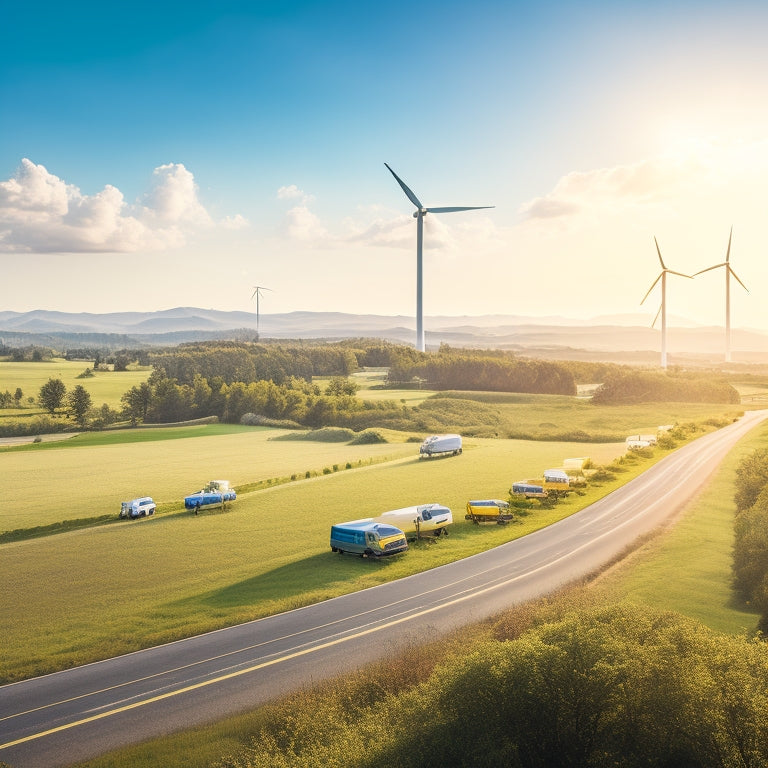 A serene landscape with a fleet of electric vehicles, wind turbines, and solar panels in the background, surrounded by lush greenery and a bright blue sky.