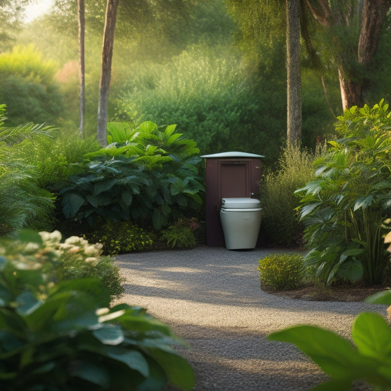 A serene outdoor setting with a composting toilet in the distance, surrounded by lush greenery and a few strategically placed potted plants with natural air-purifying qualities.