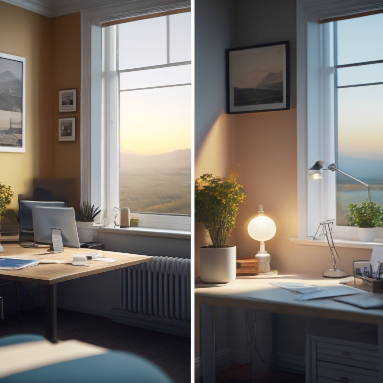A split-screen image: a sunny room with open, white, manual shades and a high electricity bill on a cluttered desk, contrasted with the same room at dusk, automated shades closed, and a lower bill on a tidy desk.
