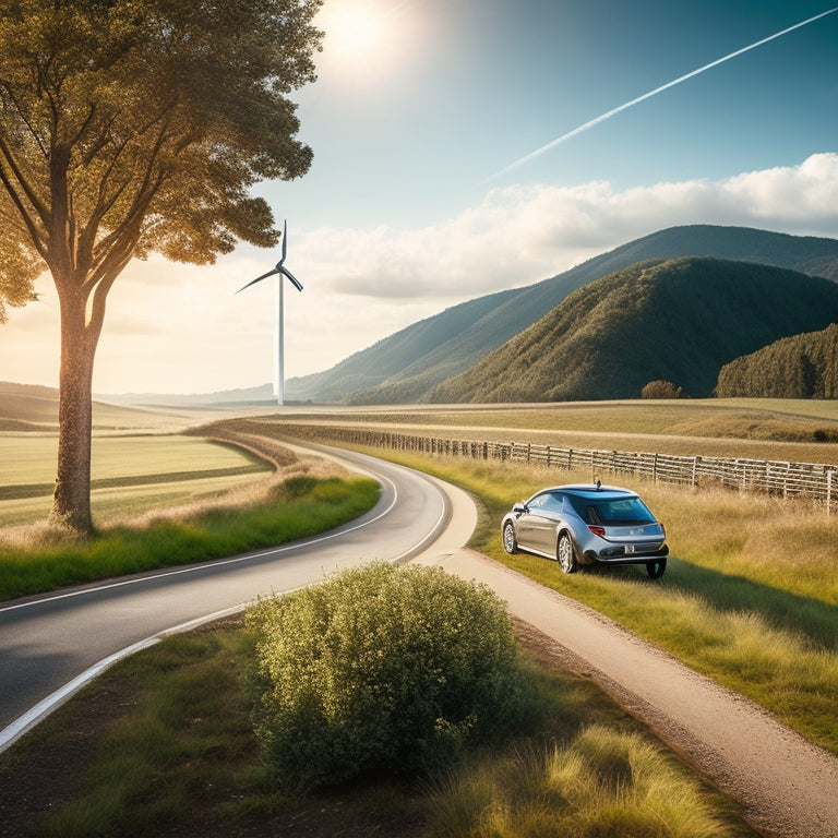 An illustration of a sleek, silver electric car driving on a winding road surrounded by lush greenery, with a faint outline of a wind turbine and solar panels in the background.