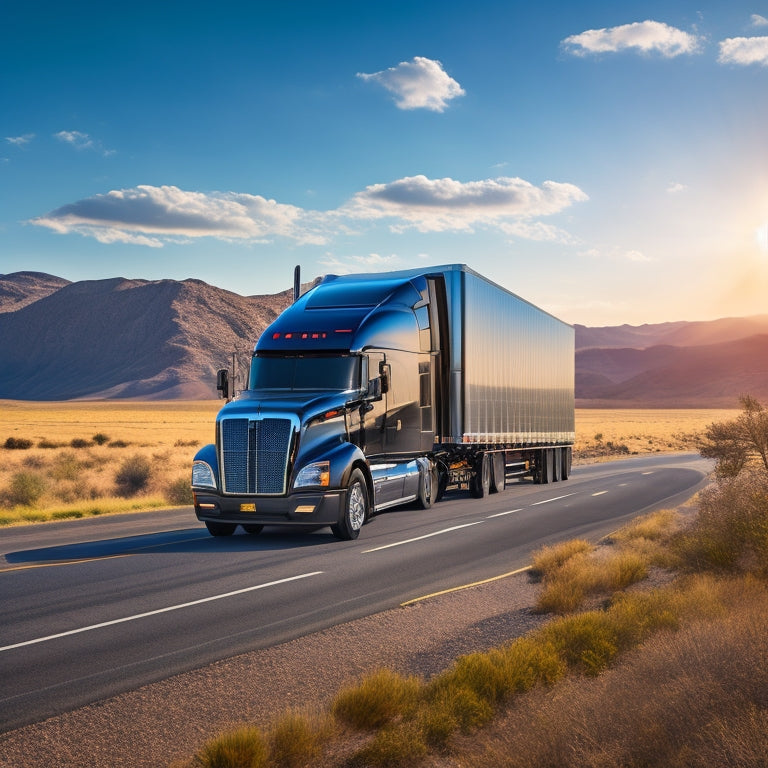 An illustration of a semi-truck with a sleek, black solar panel array integrated into the trailer's roof, driving on a sunny highway surrounded by rolling hills and blue skies.