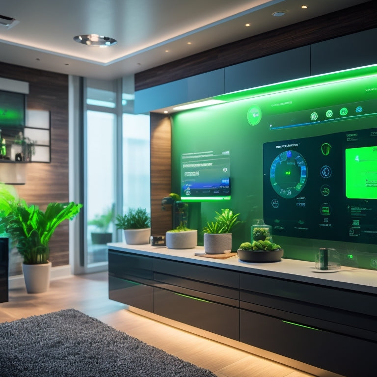 A futuristic smart home interior with a large touchscreen display showcasing a energy usage dashboard, surrounded by eco-friendly appliances and devices, with a subtle green glow illuminating the background.