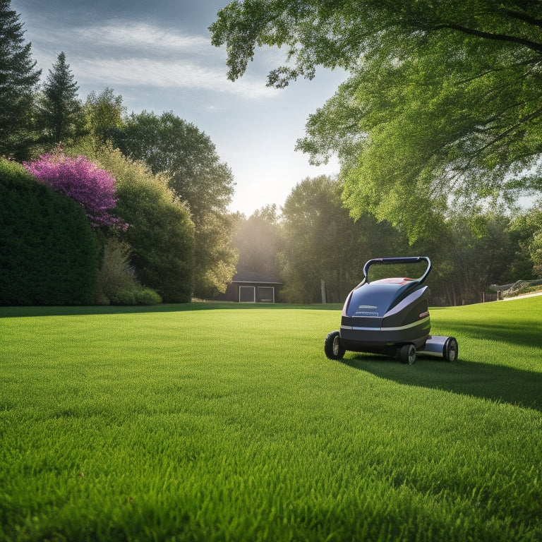 A serene suburban lawn with a few strips of freshly cut grass, a sleek electric mower in the foreground, and a faint trail of cut grass clippings leading behind it, surrounded by lush greenery.
