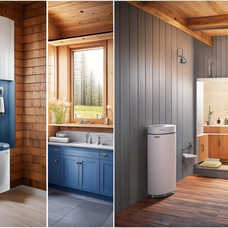 A split-screen comparison of three heat pump water heaters in different environments: a modern bathroom, a rustic cabin, and a sleek laundry room, showcasing durability in varied settings.