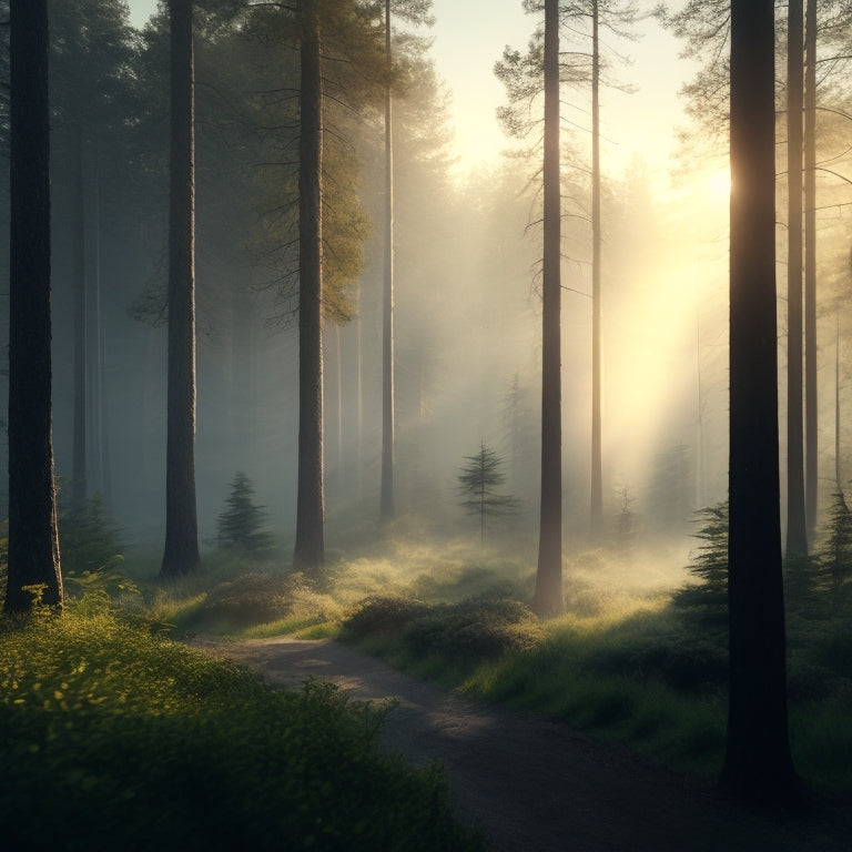 A serene, misty forest scene with sunlight filtering through trees, surrounded by subtle, glowing air quality monitors of varying designs, amidst lush greenery and a few eco-friendly homes in the distance.