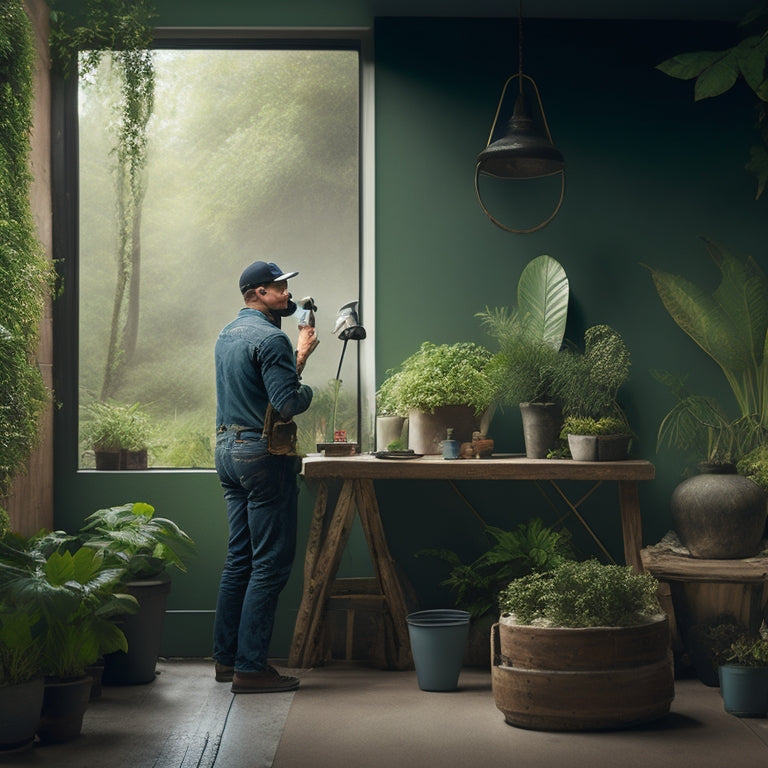A serene, well-lit interior scene featuring a person in a breathing mask, painting a wall with a eco-friendly paint can, surrounded by lush green plants and a reclaimed wood accent wall.