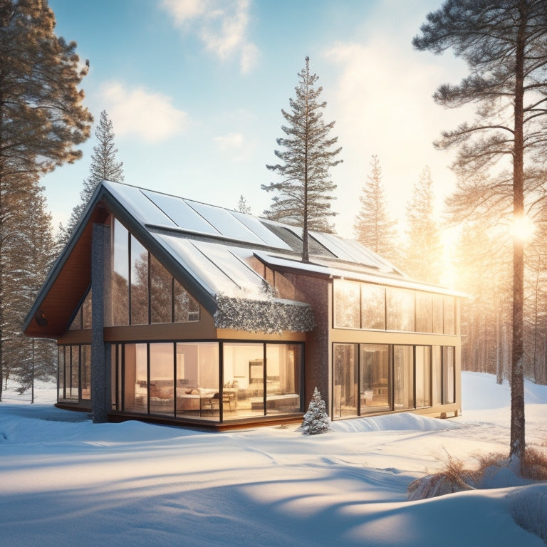 An illustration of a passive solar house with large south-facing windows, thermal mass interior walls, and overhanging eaves, surrounded by trees and a sunny winter landscape.