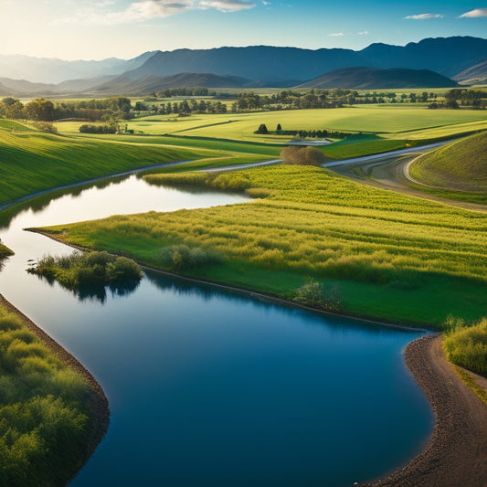 A serene landscape with a lush green farm in the foreground, solar panels installed on a hillside, and a meandering irrigation canal with a few water droplets glistening on its surface.