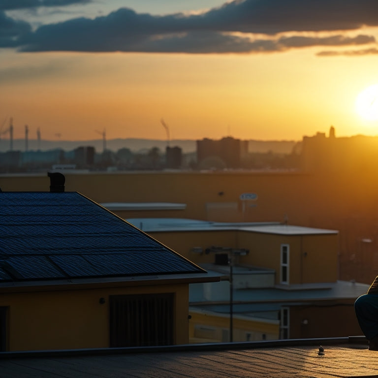 An ominous silhouette of a thief lurking behind a residential rooftop with a prominent solar panel installation, with a faint cityscape in the background and a broken padlock on the roof's edge.