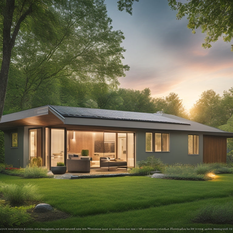 A modern, eco-friendly home exterior with a radiant barrier installed under the roof, surrounded by lush greenery, with a subtle glow effect on the roof to represent energy efficiency.