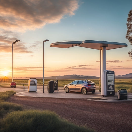 A scenic roadside rest stop at sunset with a sleek electric vehicle, its charging port open, connected to a portable charger on the ground, surrounded by luggage and travel accessories.