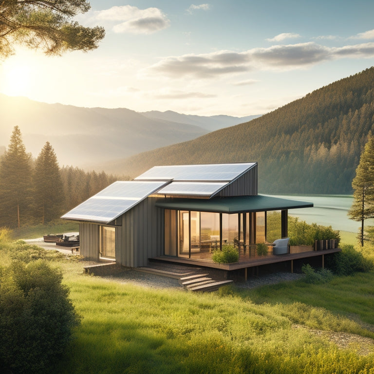 A serene, secluded cabin surrounded by lush greenery, with a sleek, modern solar panel array on the roof, connected to a bank of batteries and an inverter, amidst a backdrop of rolling hills and a sunny sky.