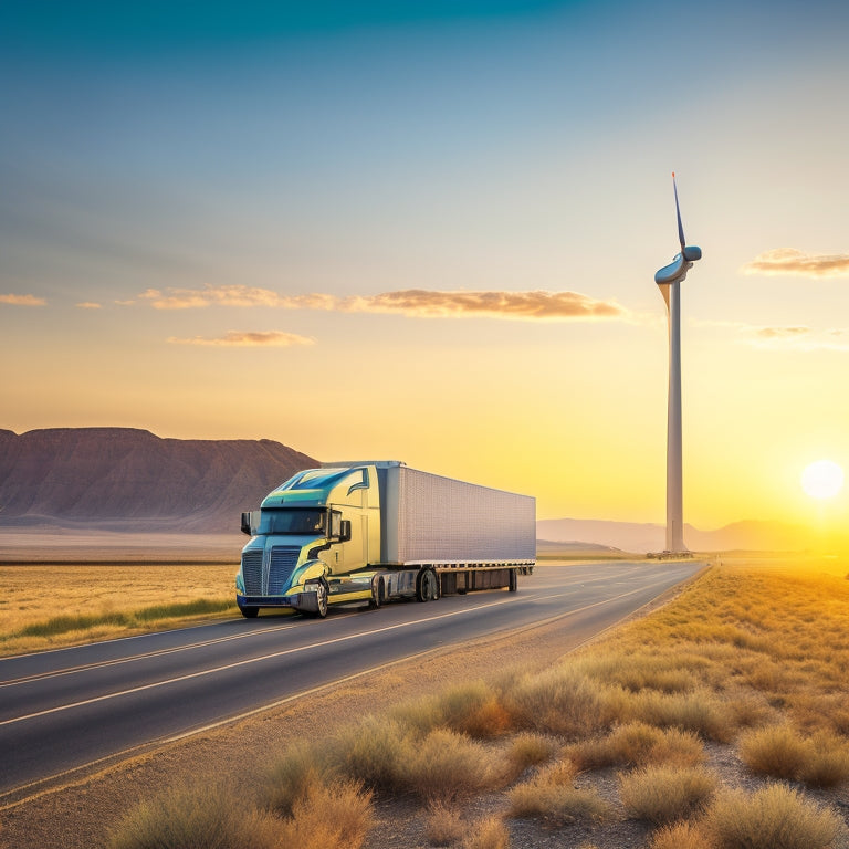 A serene, sun-lit landscape with a semi-truck parked on the side of a highway, solar panels and wind turbines integrated into the vehicle's body, with a subtle glow of energy flowing through the rig.