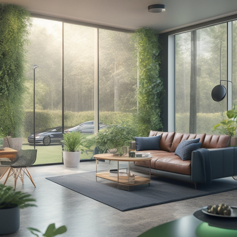 An illustration of a modern living room with a sleek electric vehicle parked outside the large window, surrounded by lush greenery, with eco-friendly cleaning products and a few scattered EV charging cables.