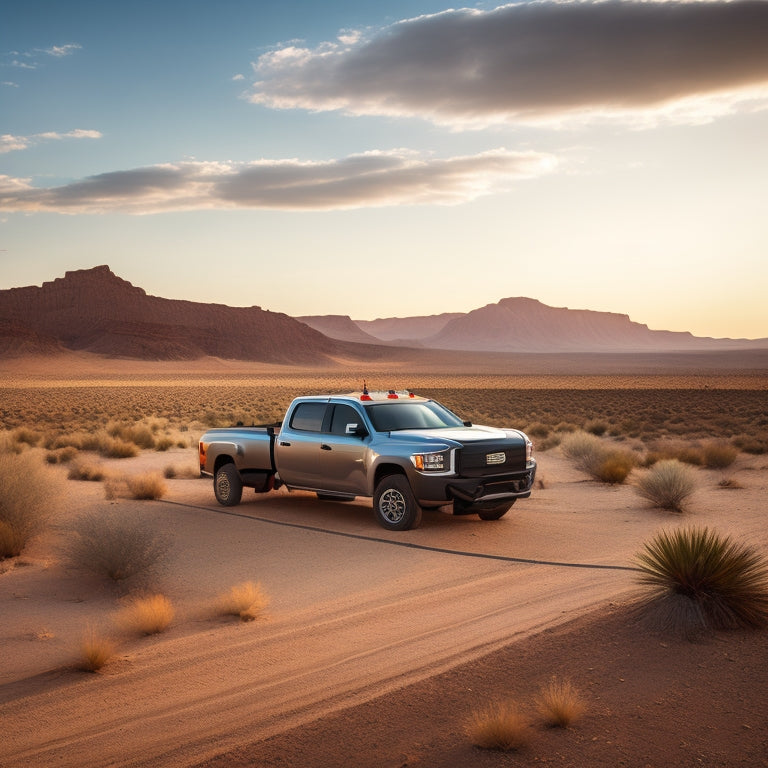 A serene desert landscape with a parked truck, its roof and hood mounted with sleek, black solar panels, connected to a battery and inverter inside the truck bed.
