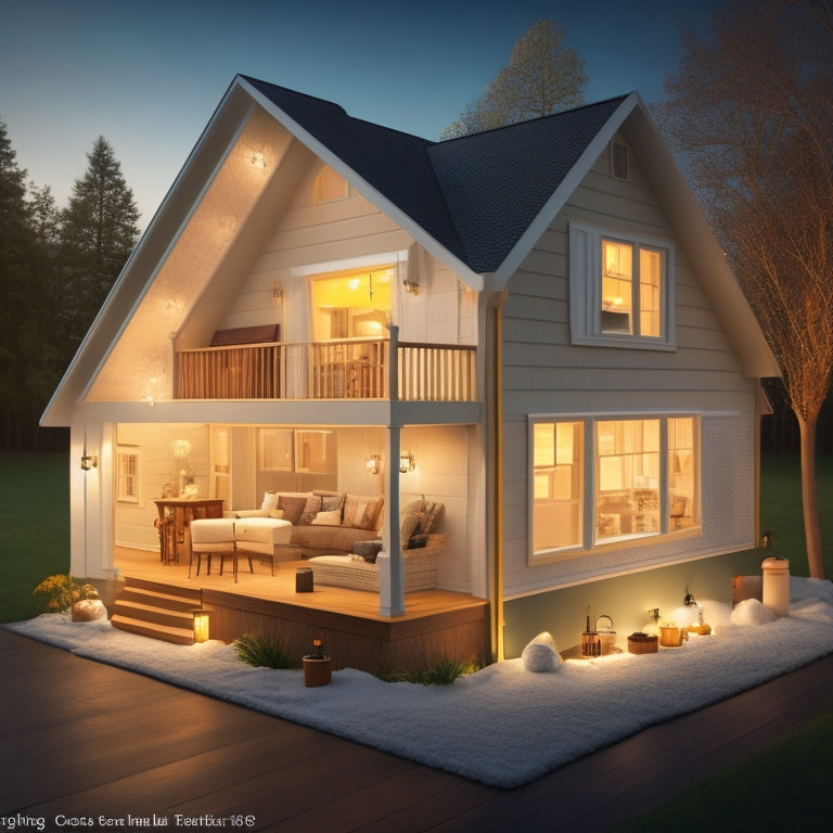 An illustration of a cozy, well-lit home with various insulation materials visible, including fiberglass batts, spray foam, and radiant barrier, surrounded by a subtle glow, conveying energy efficiency.