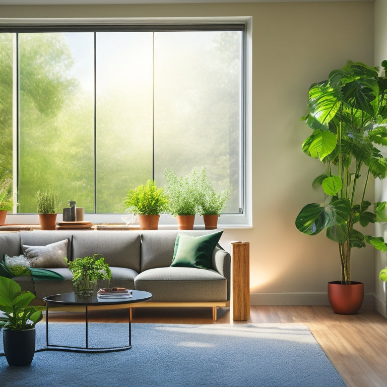 A modern living room with a large window, lush greenery, and a sleek thermostat on the wall displaying a subtle, glowing green leaf icon, surrounded by minimalist decor and soft, natural light.