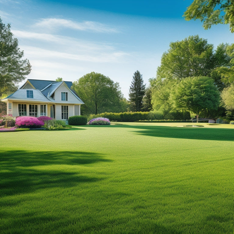 A serene suburban landscape with five distinct lawn areas, each featuring a different electric aerator model, surrounded by lush green grass, vibrant flowers, and a few scattered trees under a sunny sky.