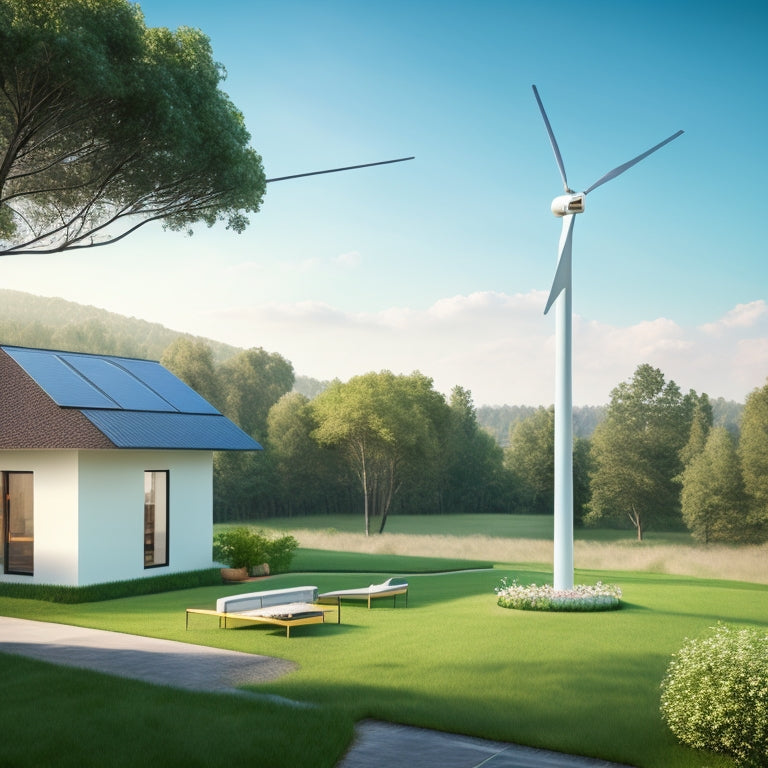 A serene backyard scene with a compact wind turbine (approx. 2-3 meters tall) installed on a sleek, modern house, surrounded by lush greenery and a few fluffy white clouds in a bright blue sky.