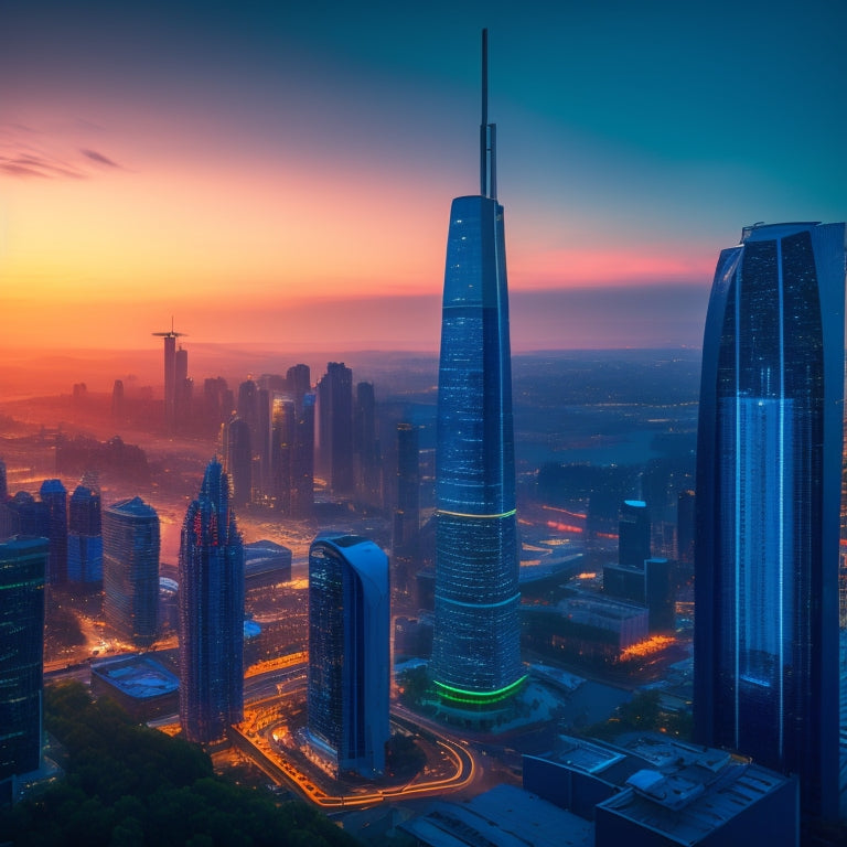 A futuristic cityscape at dusk with sleek skyscrapers, their windows adorned with synchronized, honeycomb-patterned blinds, glowing softly in shades of blue and green, as wind turbines and solar panels hum in the distance.