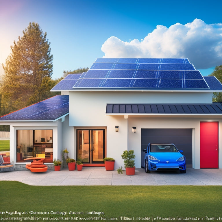 An illustration of a modern home with solar panels on the roof, various home battery systems (e.g. Tesla Powerwall, LG Chem RESU) installed in the garage, and colorful wiring connecting them to the electrical panel.
