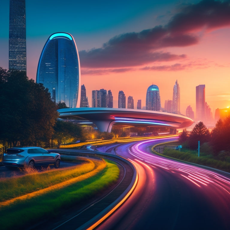 A futuristic cityscape at dusk, with sleek, silver GMC electric vehicles zooming past a gleaming, neon-lit hub, surrounded by lush greenery and minimalist, curved architecture.