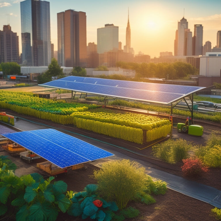 A vibrant urban farm scene with a diverse array of lush green crops, featuring a solar-powered irrigation system, a rechargeable pruning tool, and a portable solar panel charging station amidst a bustling cityscape.