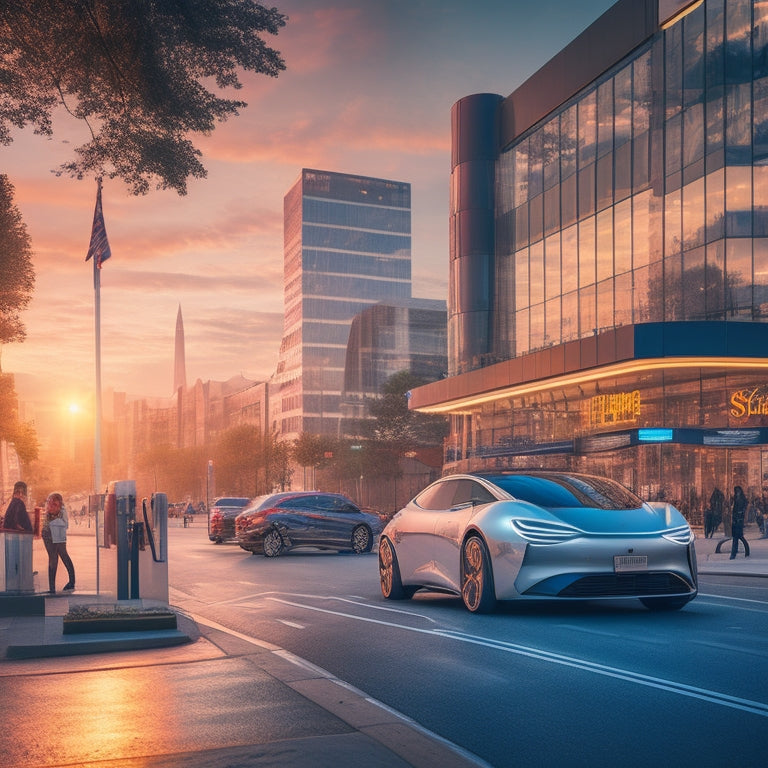 A futuristic cityscape at dusk with sleek electric vehicles parked beside modern charging stations, surrounded by thriving businesses, including a bustling café and a trendy boutique.