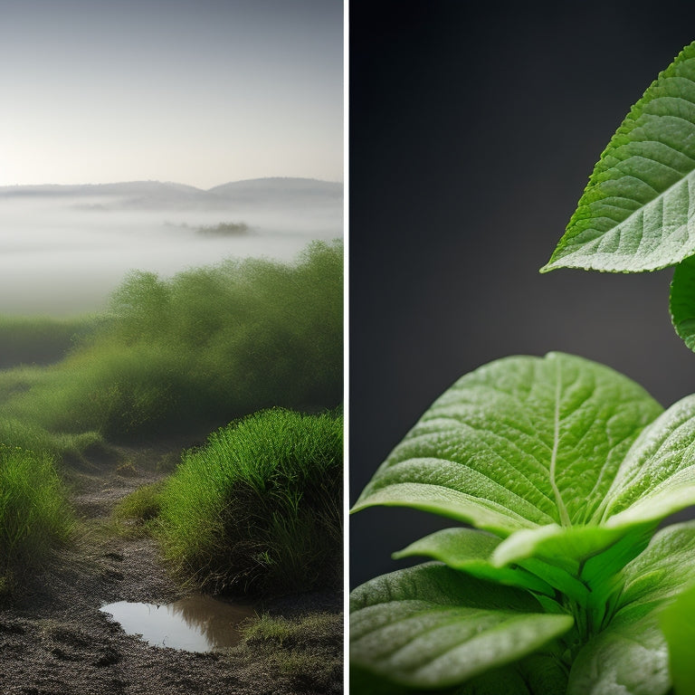 A split-screen image featuring a lush, vibrant green plant on the left, surrounded by misty fog and water droplets, contrasted with a dry, cracked earth landscape on the right, with a faint outline of a dehumidifier in the background.
