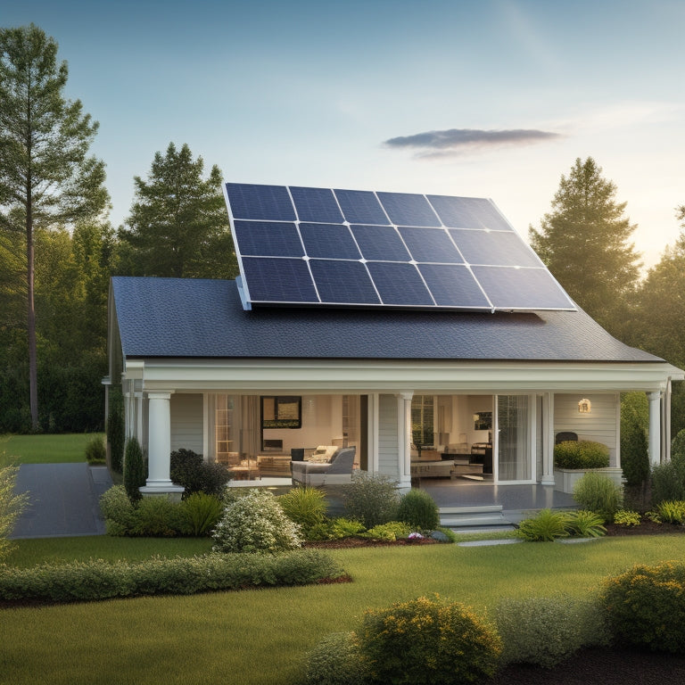 A serene suburban home with solar panels on its rooftop, surrounded by lush greenery, with a few panels slightly angled and others with mirrors or reflective surfaces to maximize energy harnessing.
