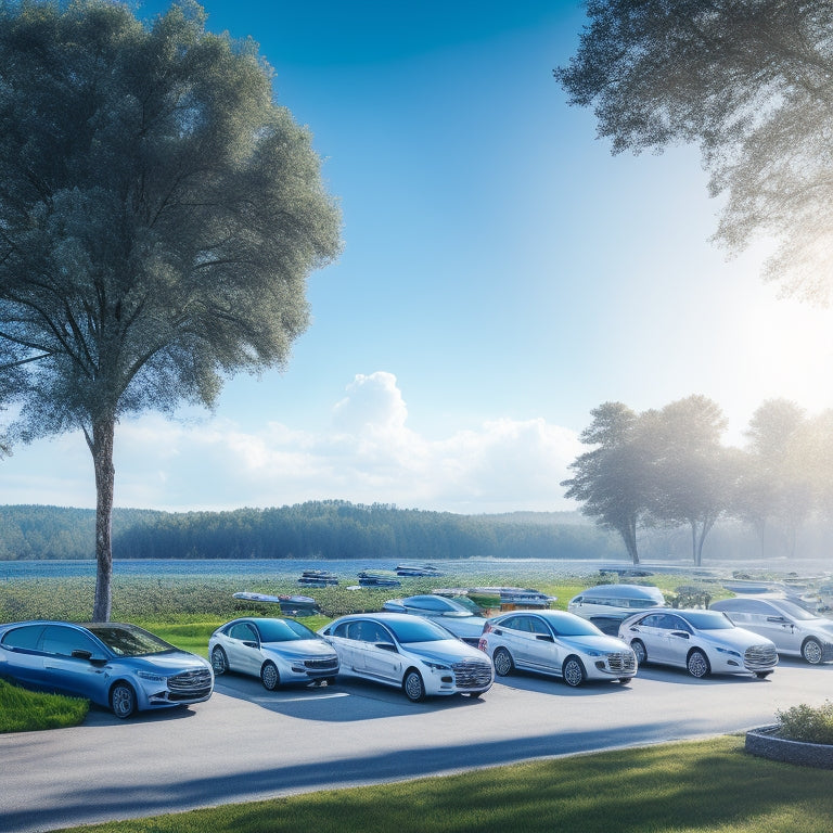 A serene landscape with a fleet of electric vehicles parked in a row, each with a solar panel canopy above, under a bright blue sky with fluffy white clouds, surrounded by lush greenery.