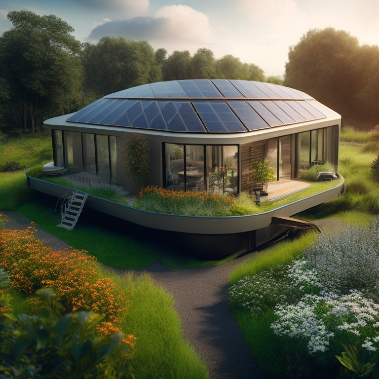 A futuristic eco-house made from repurposed shipping containers, with solar panels on the roof, surrounded by a lush green garden filled with blooming wildflowers and a winding wooden pathway.