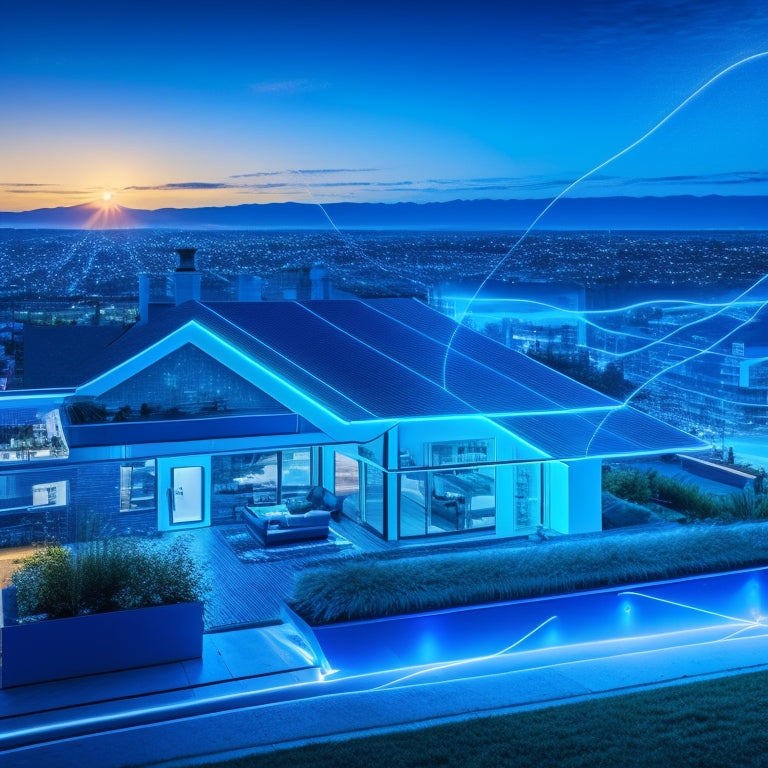 An illustration of a modern home with glowing blue lines tracing energy flows, surrounded by swirling data vortexes and miniature smart devices, set against a cityscape at dusk.