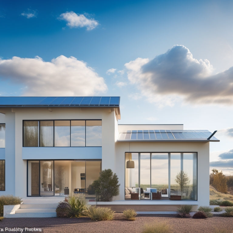 A serene solar-powered home with large windows, set against a bright blue sky with fluffy white clouds, featuring a split-level facade with three distinct paint swatches in earthy tones.