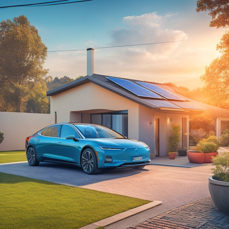 An illustration of a modern, sleek electric vehicle parked in a driveway, surrounded by a backdrop of rooftops covered in solar panels, with electrical wires and charging cables connecting the two.