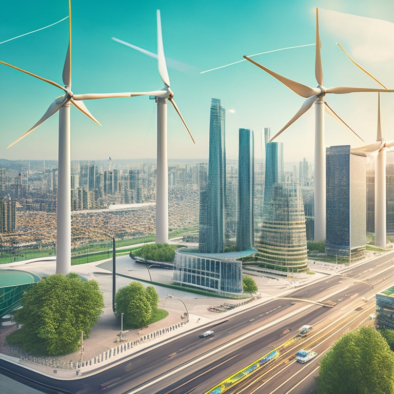 A futuristic, minimalist illustration featuring a cityscape with green-tinted skyscrapers, electric vehicles, and wind turbines, surrounded by swirling lines and nodes representing digital connectivity.