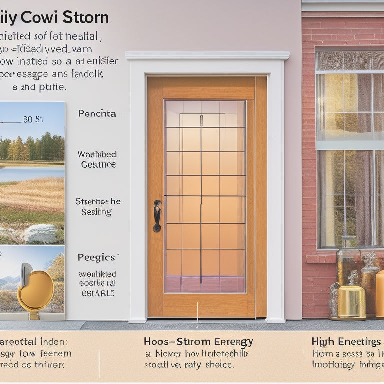 A diagram showcasing a storm door with magnified sections highlighting energy-efficient features: insulated core, weatherstripping, and low-E glass, surrounded by a warm-toned exterior with a subtle gradient of sunlight.
