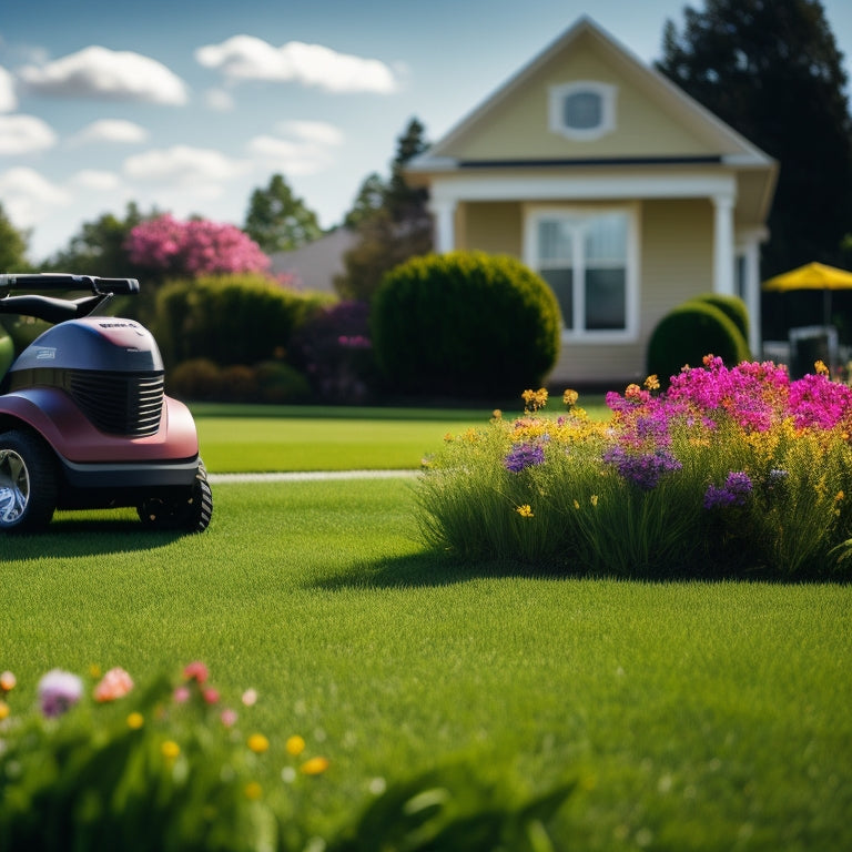 A serene suburban lawn with a mix of green grass and colorful flowers, featuring an electric lawn mower, trimmer, and edger, with a faint eco-friendly badge icon hovering above the equipment.