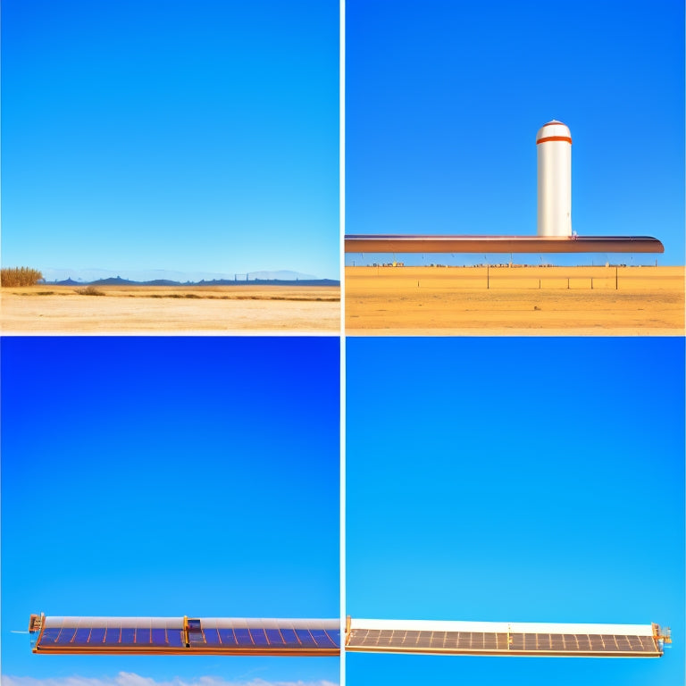 Illustrate a split-screen comparison of five distinct solar thermal collectors, each with varying panel shapes, sizes, and tube configurations, set against a bright blue sky with fluffy white clouds.