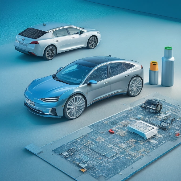 An electric vehicle on a sleek, gray background, with sleek, silver tools and blueprints surrounding it, and a subtle grid of circuit board patterns in the background, conveying innovation and precision.