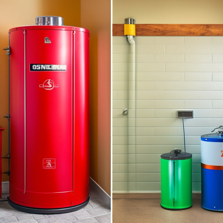 A split-screen image featuring a traditional water heater with a red "X" symbol overlaid, next to a sleek, modern heat pump water heater with a green checkmark and a money symbol ($) surrounding it.