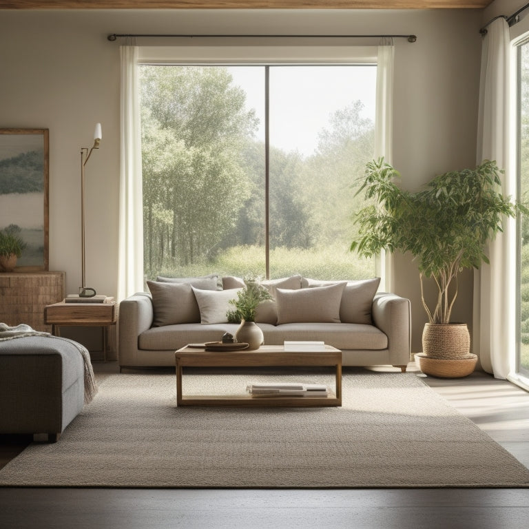 A serene, minimalist living room with a plush, oatmeal-colored jute rug, surrounded by reclaimed wood furniture, lush greenery, and a floor-to-ceiling window framing a tranquil outdoor landscape.