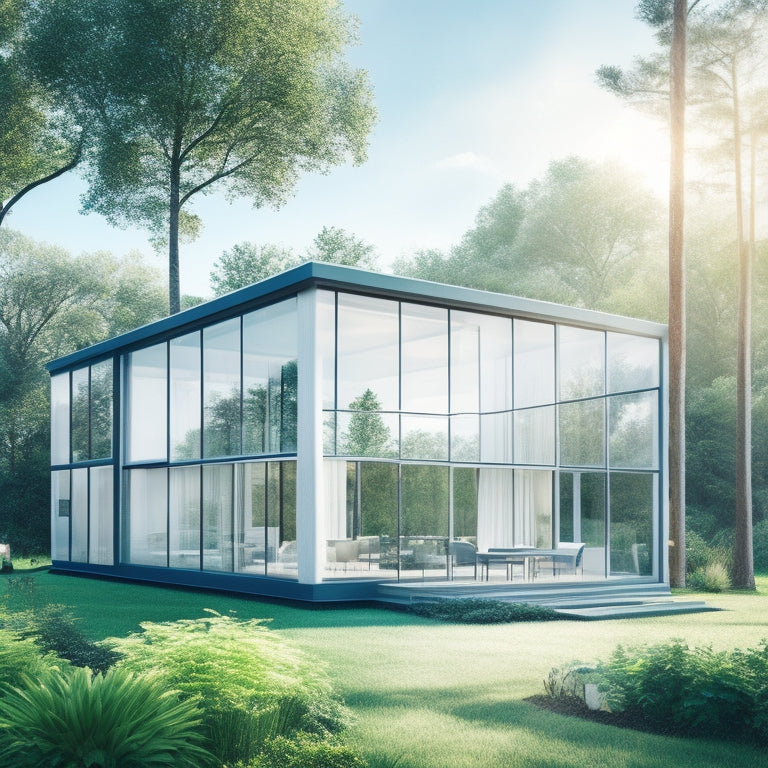 An illustration of a modern, sustainable home with floor-to-ceiling windows that shift from transparent to opaque, revealing a gradient of blues and whites, amidst lush greenery and a sunny sky.