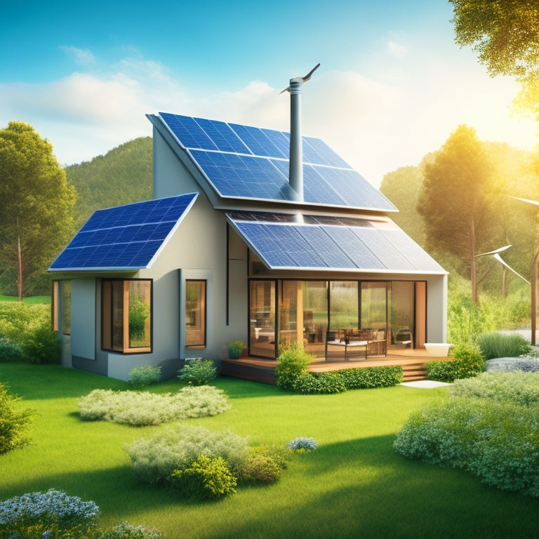 An illustration of a modern, eco-friendly home with solar panels, green roof, and large windows, surrounded by lush greenery, with a subtle background of wind turbines and a sunny sky.