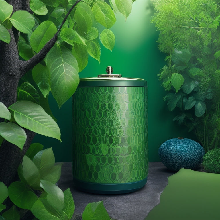 A serene, eco-friendly background with interlocking hexagons in shades of green, featuring a stylized illustration of a water heater with leaves and vines wrapped around it, surrounded by droplets of water.