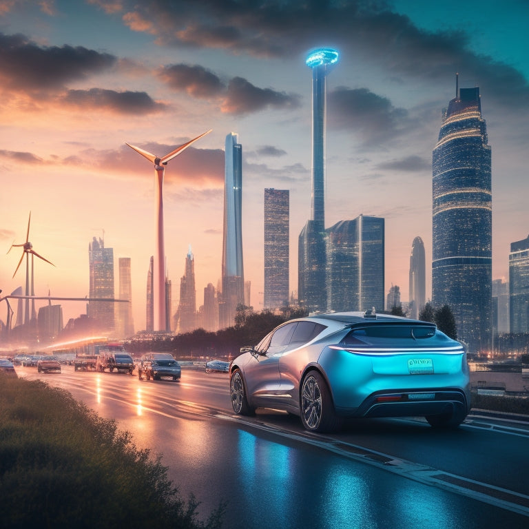A futuristic cityscape at dusk with sleek, silver electric vehicles replacing traditional cars and trucks, amidst a backdrop of neon-lit skyscrapers and wind turbines generating clean energy.