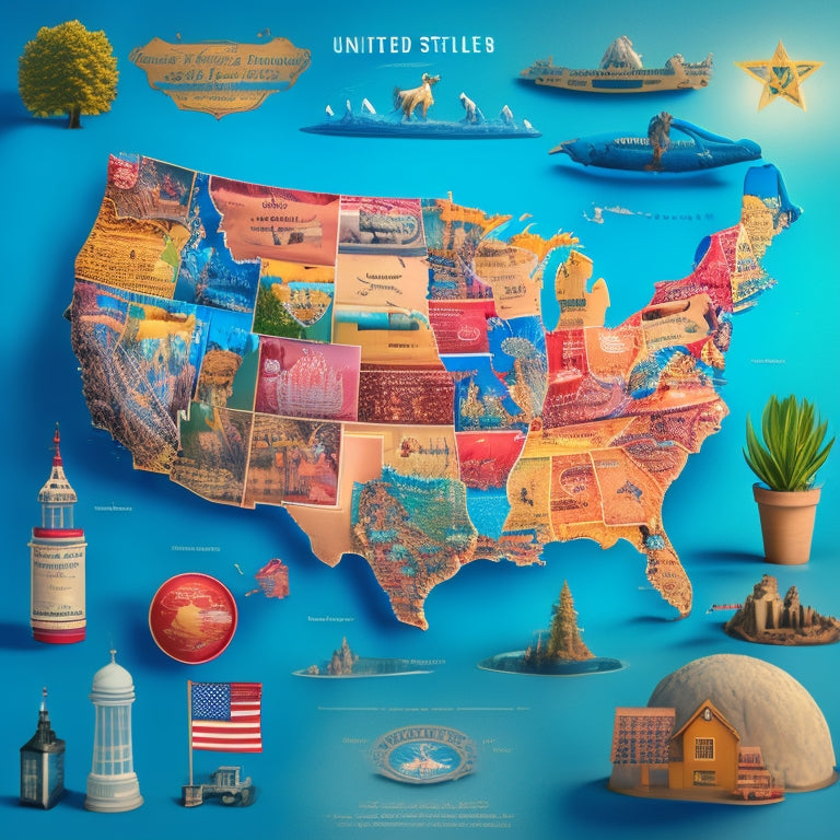 A stylized map of the United States with 50 distinct icons, each representing a different state, surrounded by water droplets and tiny pipes, conveying a sense of connection and flow.